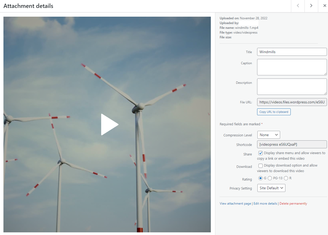 editing details for a VideoPress video