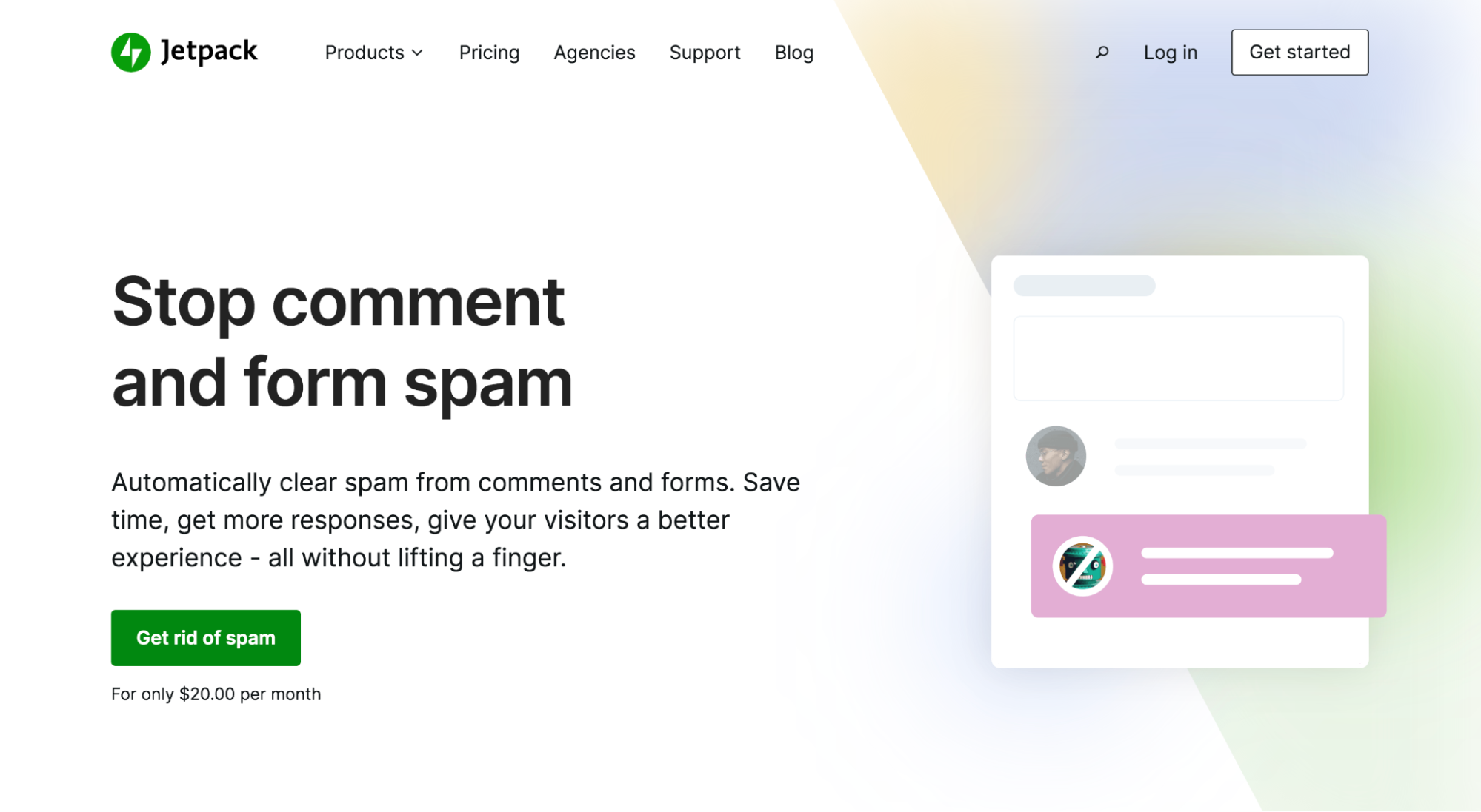 homepage hero image for Jetpack Anti-Spam with the tagline, "Stop comment and form spam."