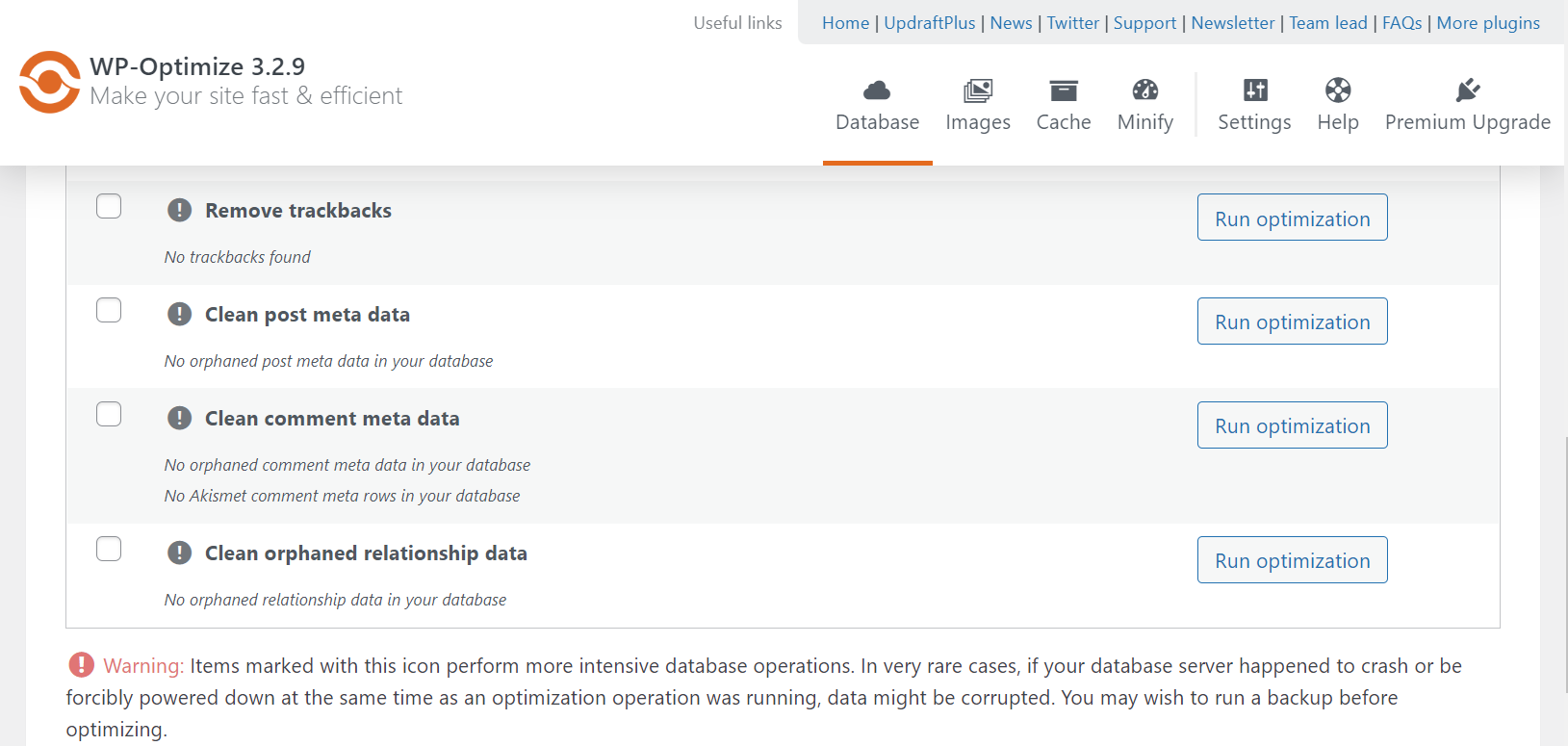 optimization choices with exclamation points to the left of each one