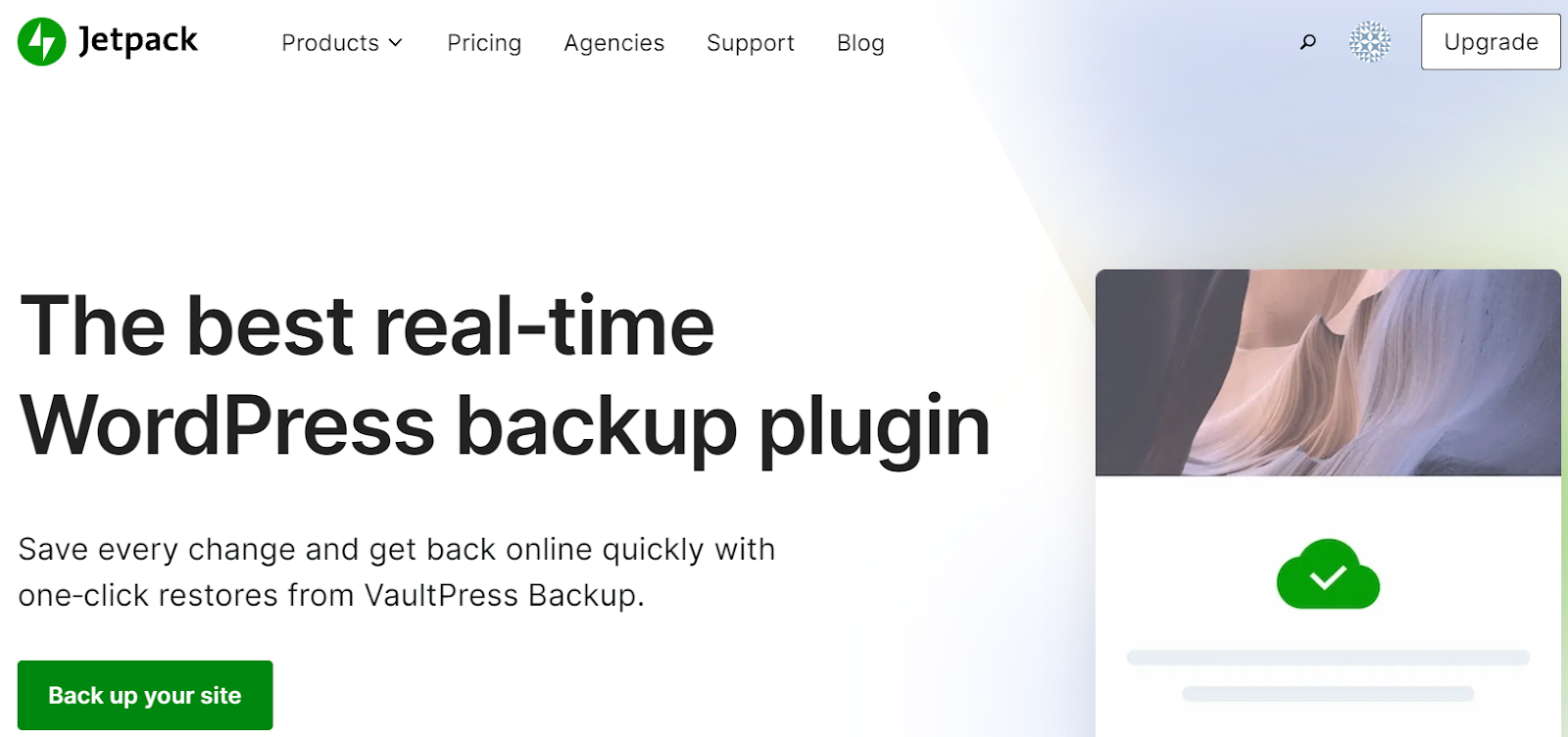 Jetpack VaultPress Backup homepage with the tagline, "The best real-time WordPress backup plugin"
