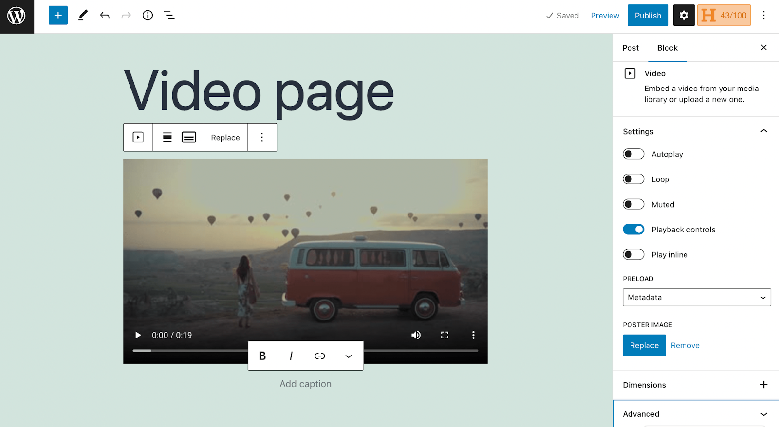 options for the Video block