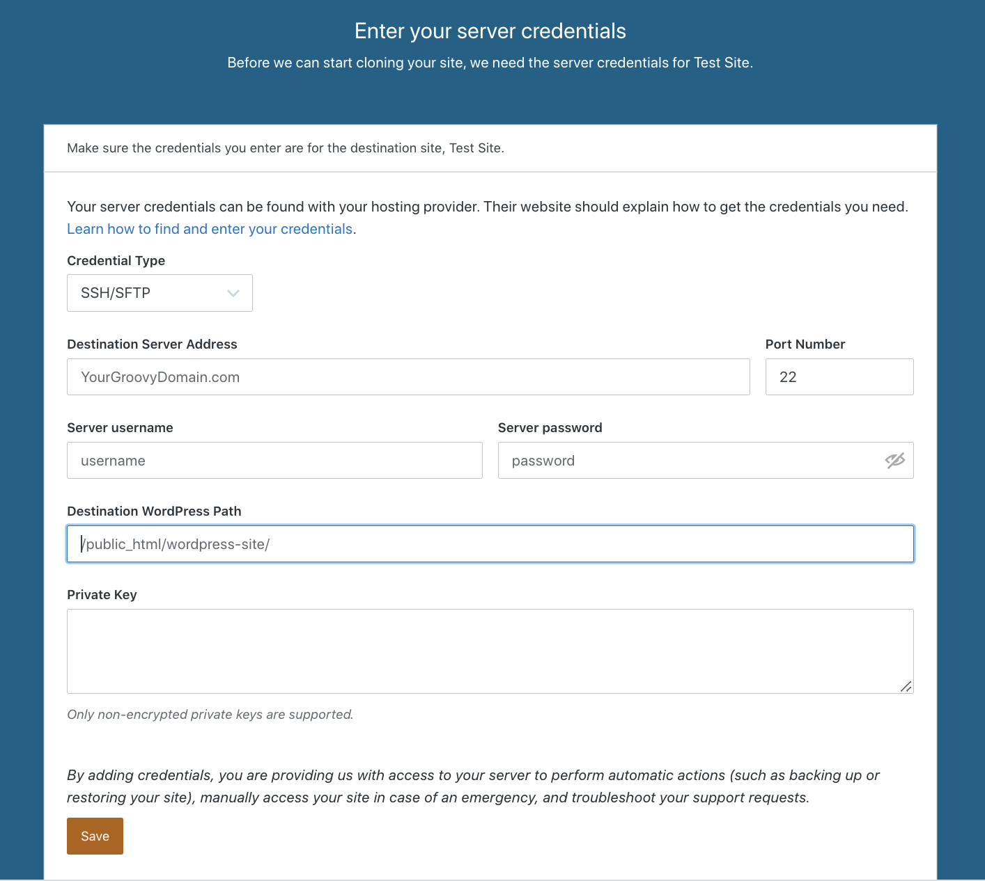 entering server credentials