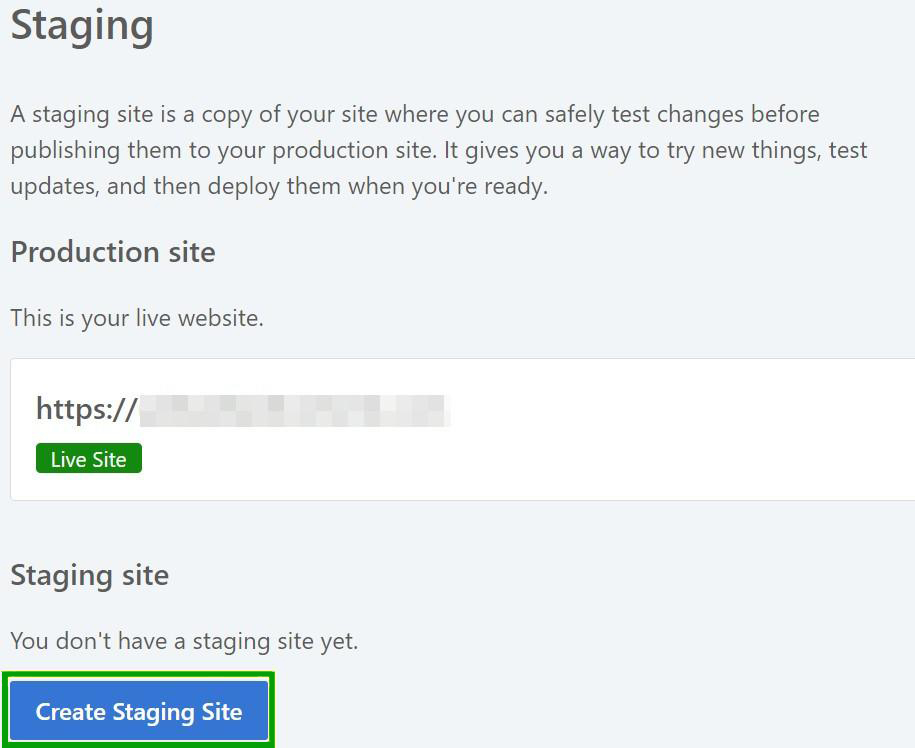 blue button with the words, "Create staging site."