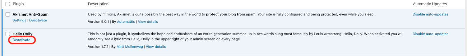 deactivating a plugin in WordPress