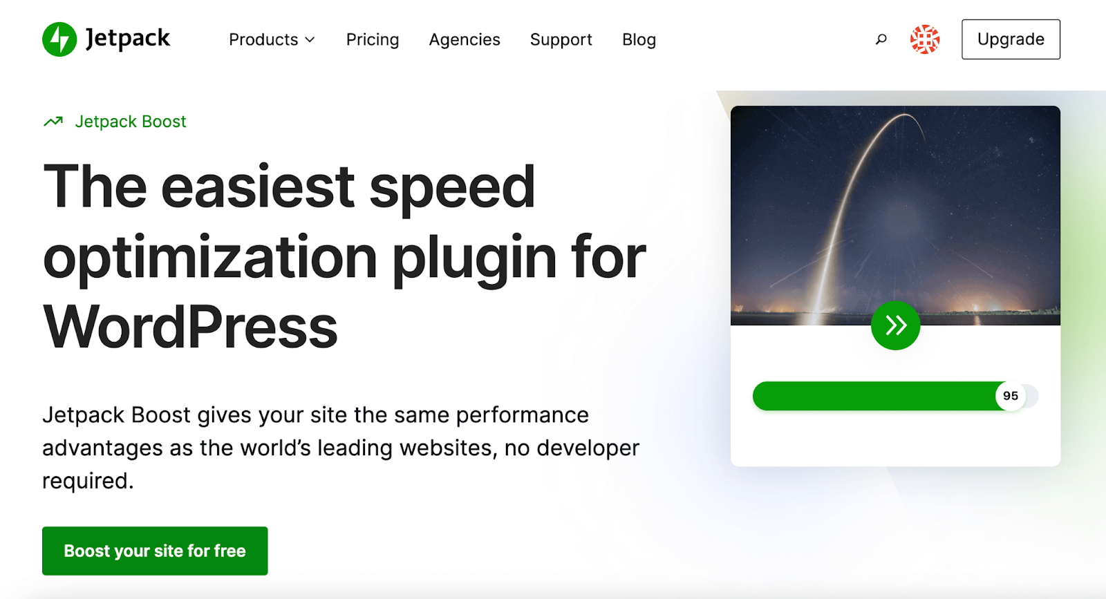 Jetpack Boost homepage with the text, "the easiest speed optimization plugin for WordPress"