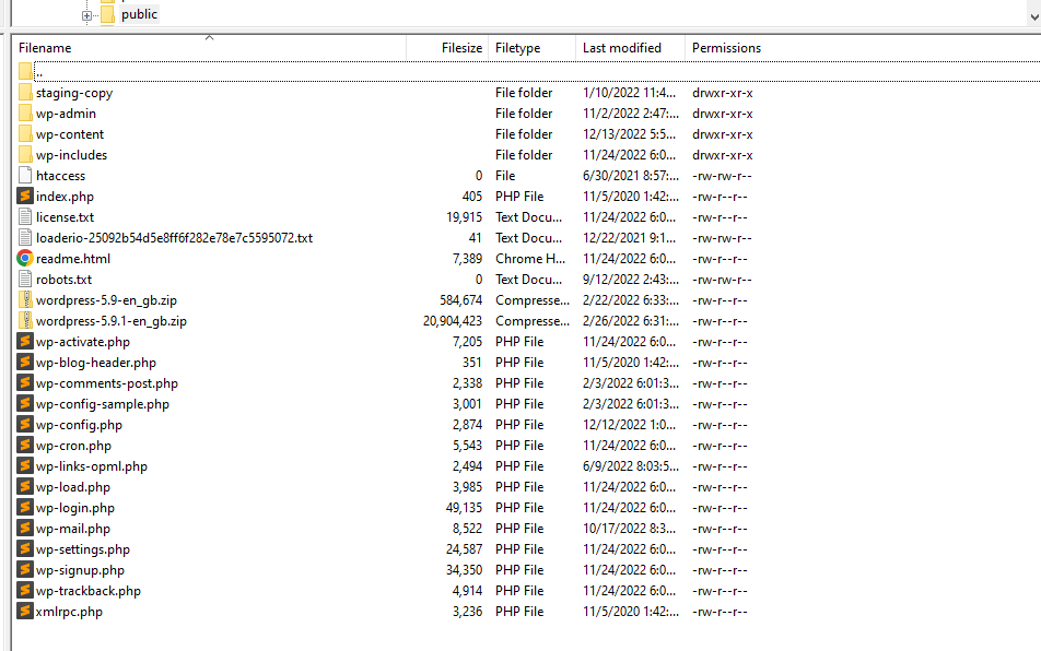 list of website files on a WordPress site
