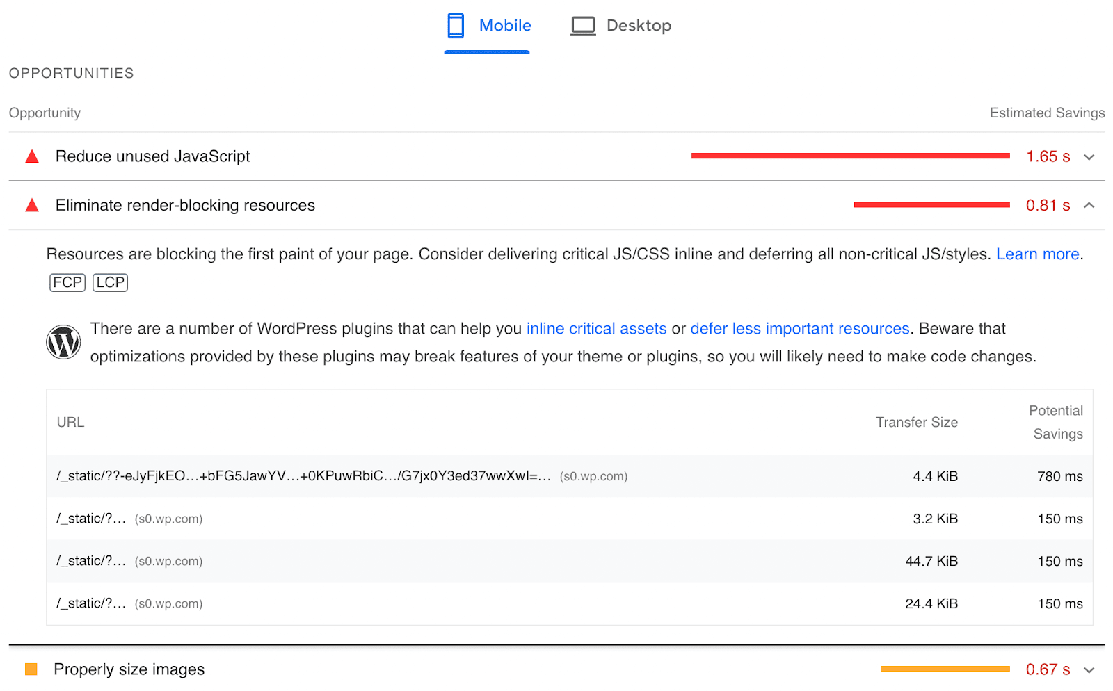 list of recommended improvements from Google PageSpeed