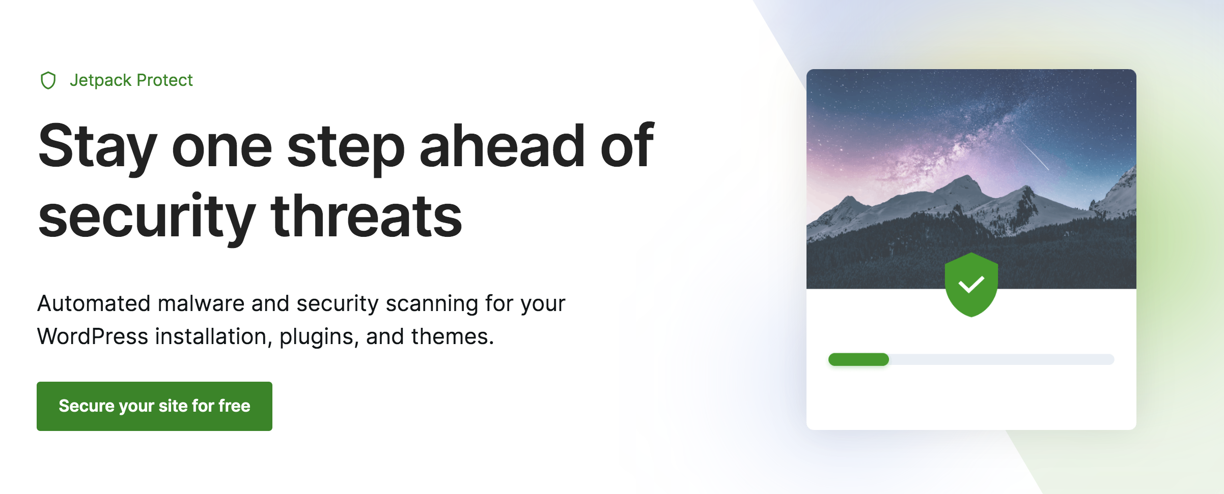 Jetpack Protect homepage design with the tagline, "Stay one step ahead of security threats"