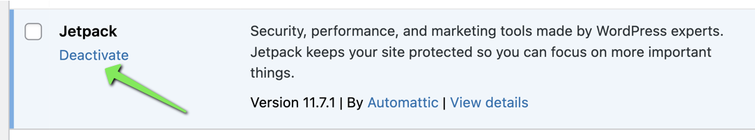 Screenshot of the Jetpack plugin in the plugin sections of WP Admin. There is an option to Deactivate it.