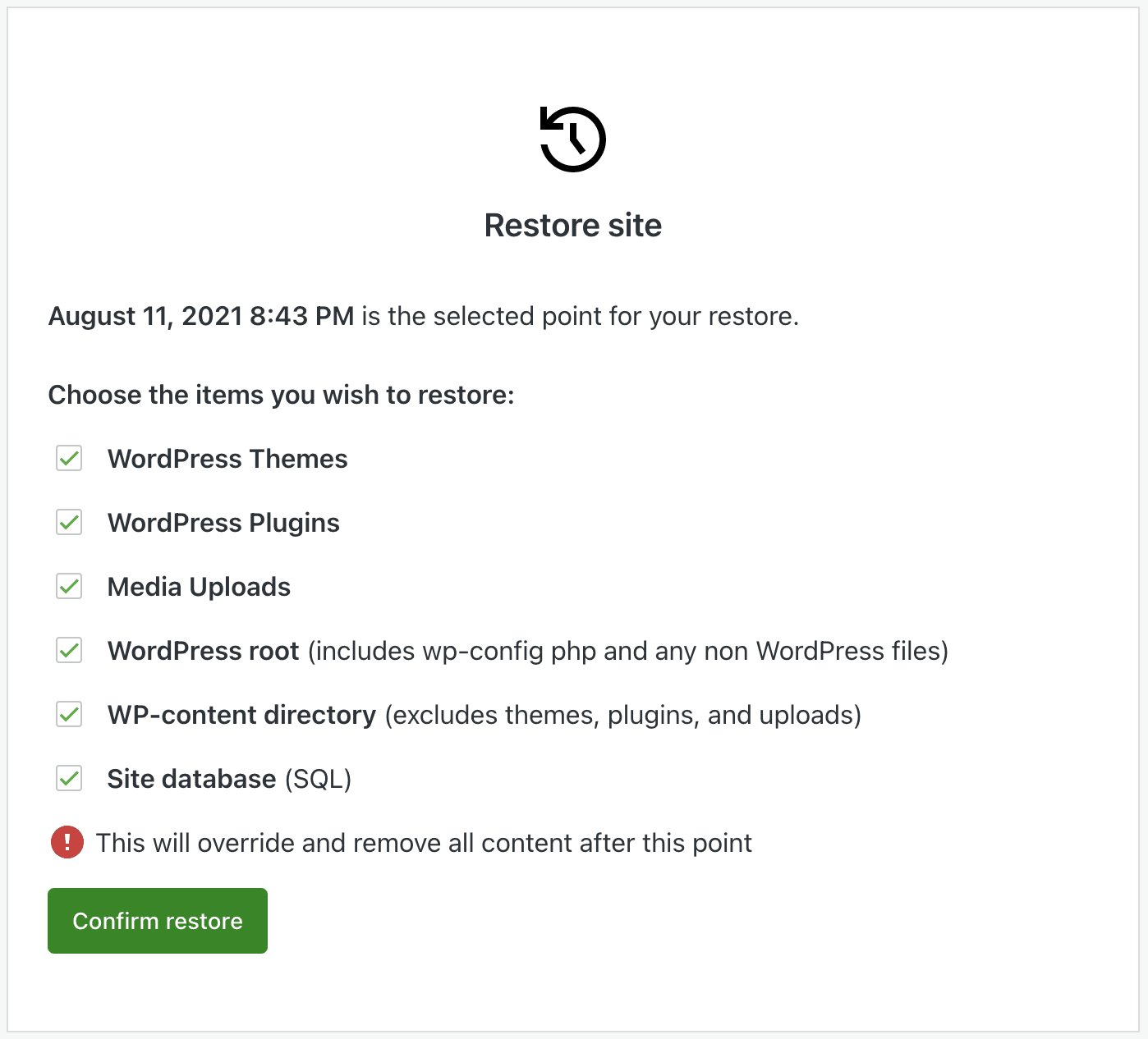 options for site elements to restore