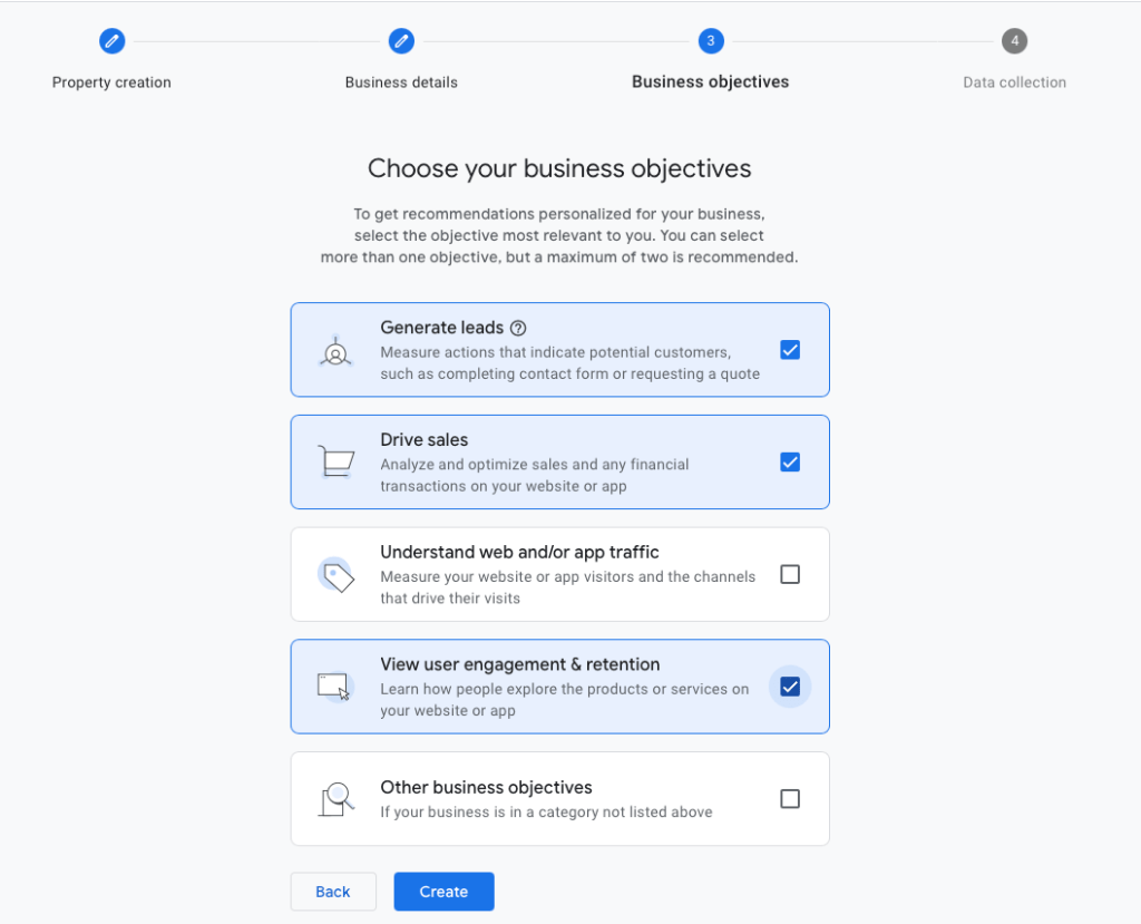 Business objectives tab of Google Analytics