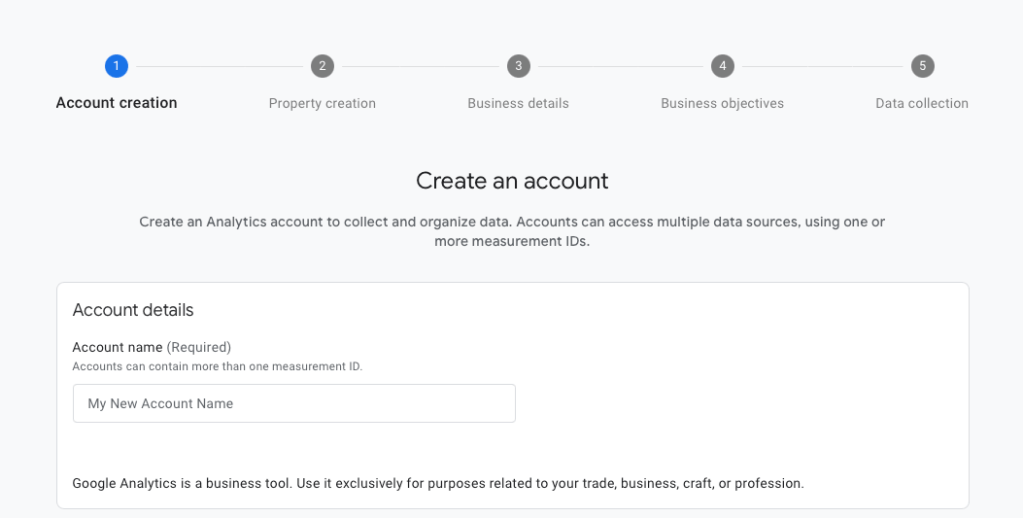 Create an Account screen in Google Analytics