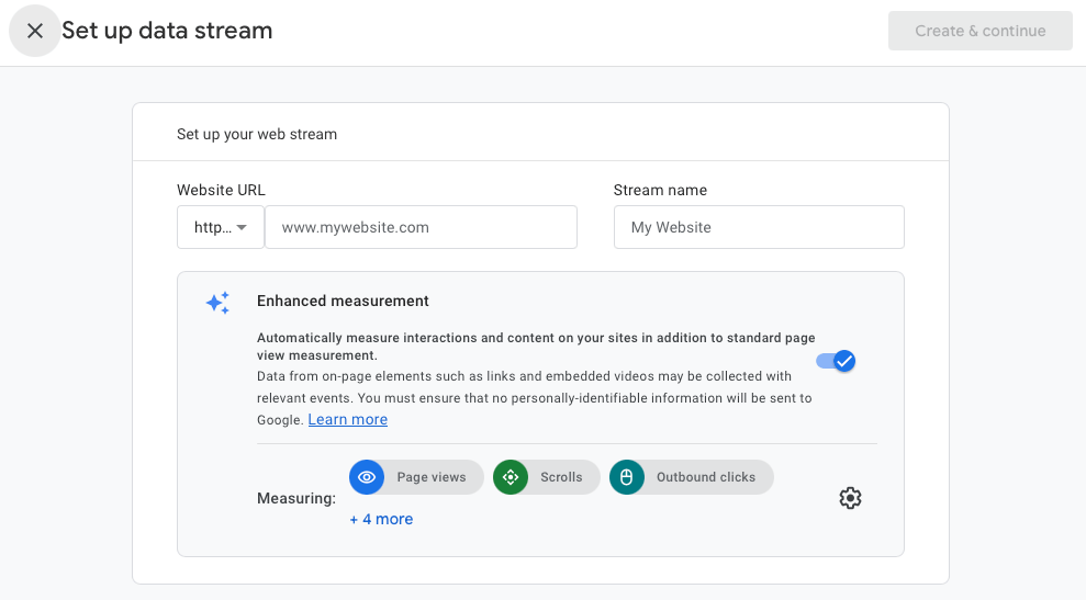 option to set up a data stream