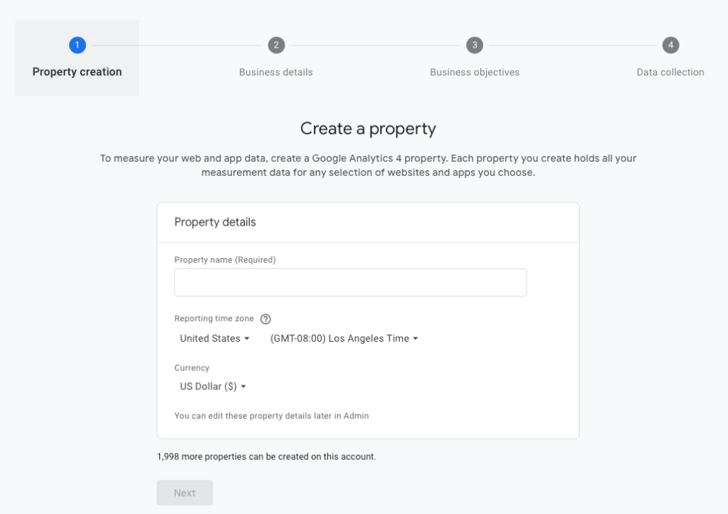 Property Creation tab in Google Analytics