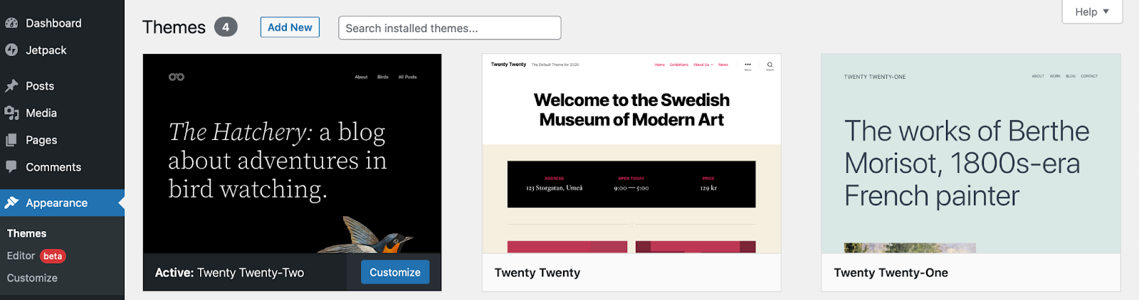 the themes page inside of WordPress