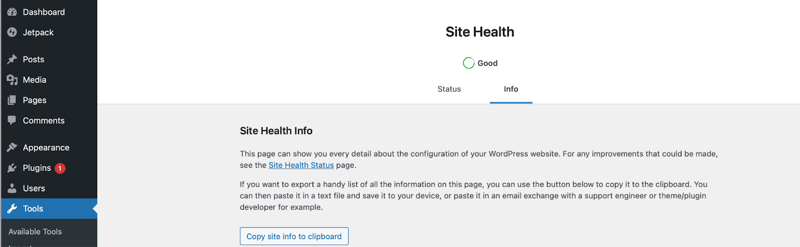 Site Health page inside of the WordPress dashboard