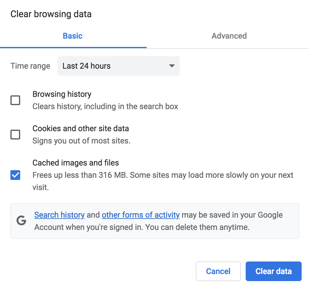 clearing browser cache in Google Chrome