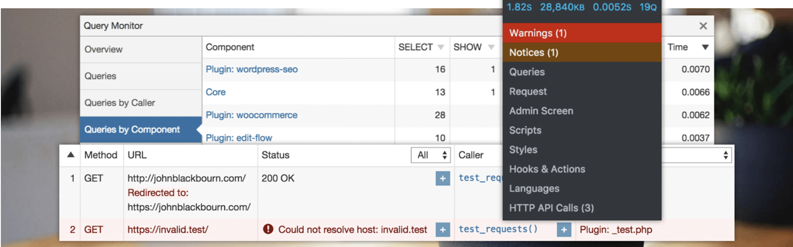 Query Monitor installed on a WordPress website