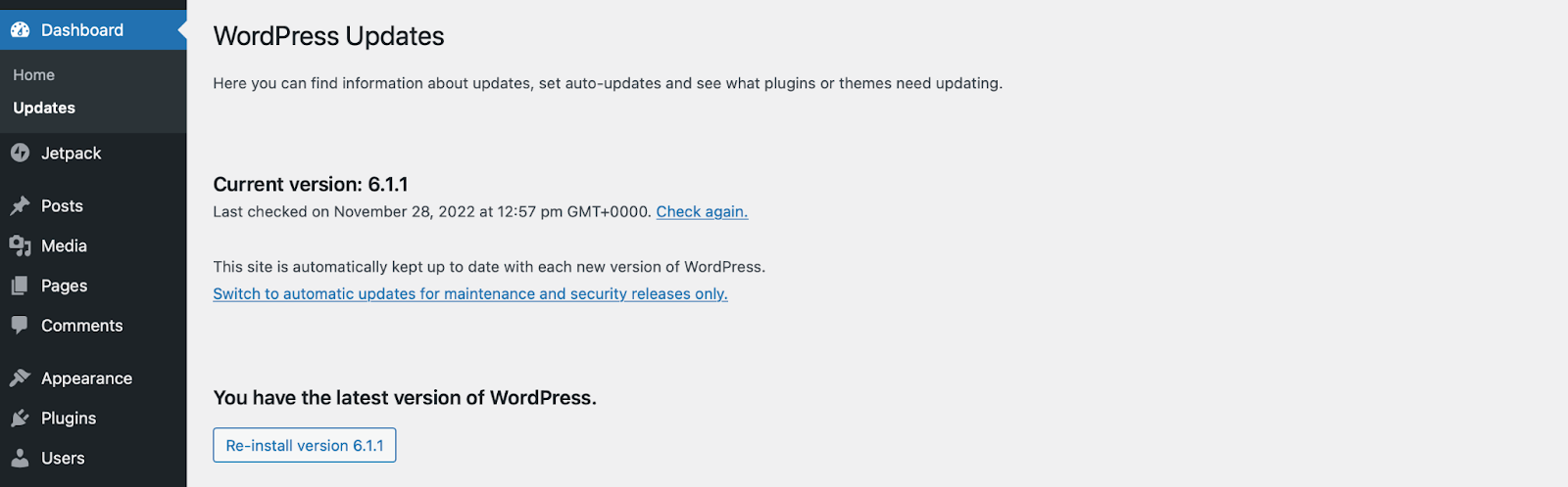 WordPress updates available in the dashboard