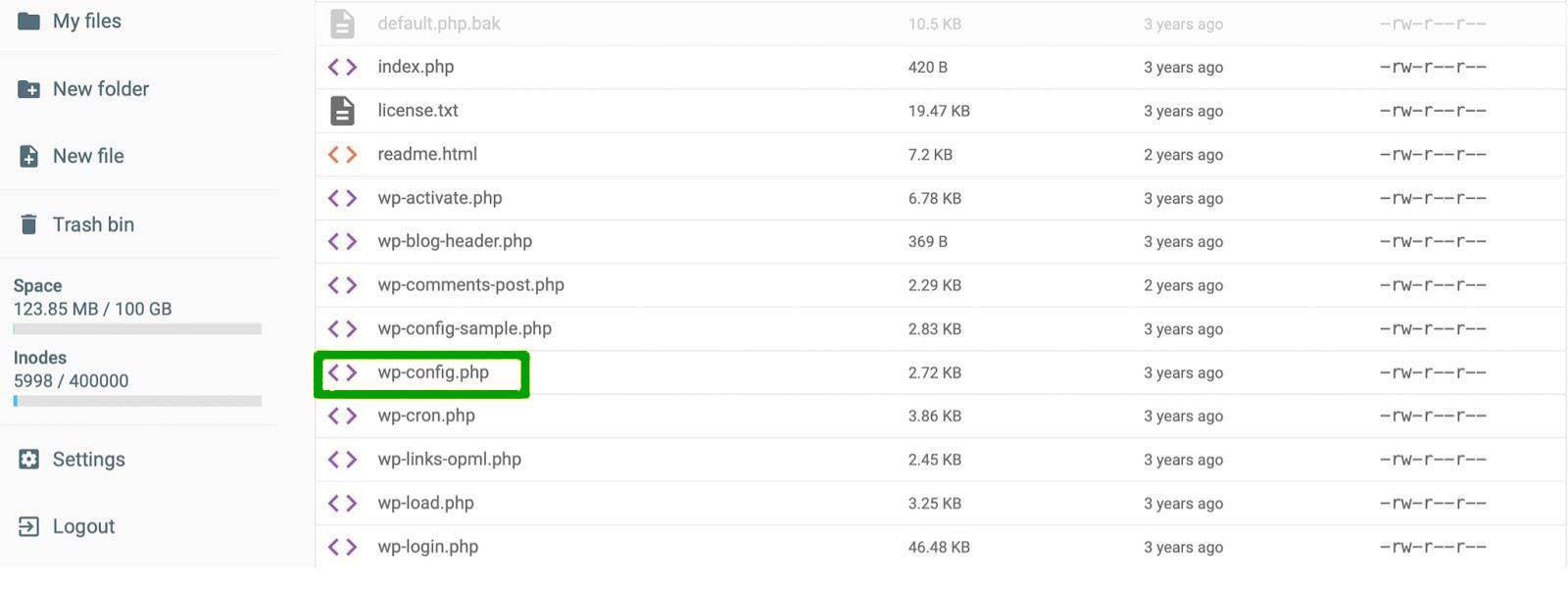 wp-config.php file highlighted inside of a file manager