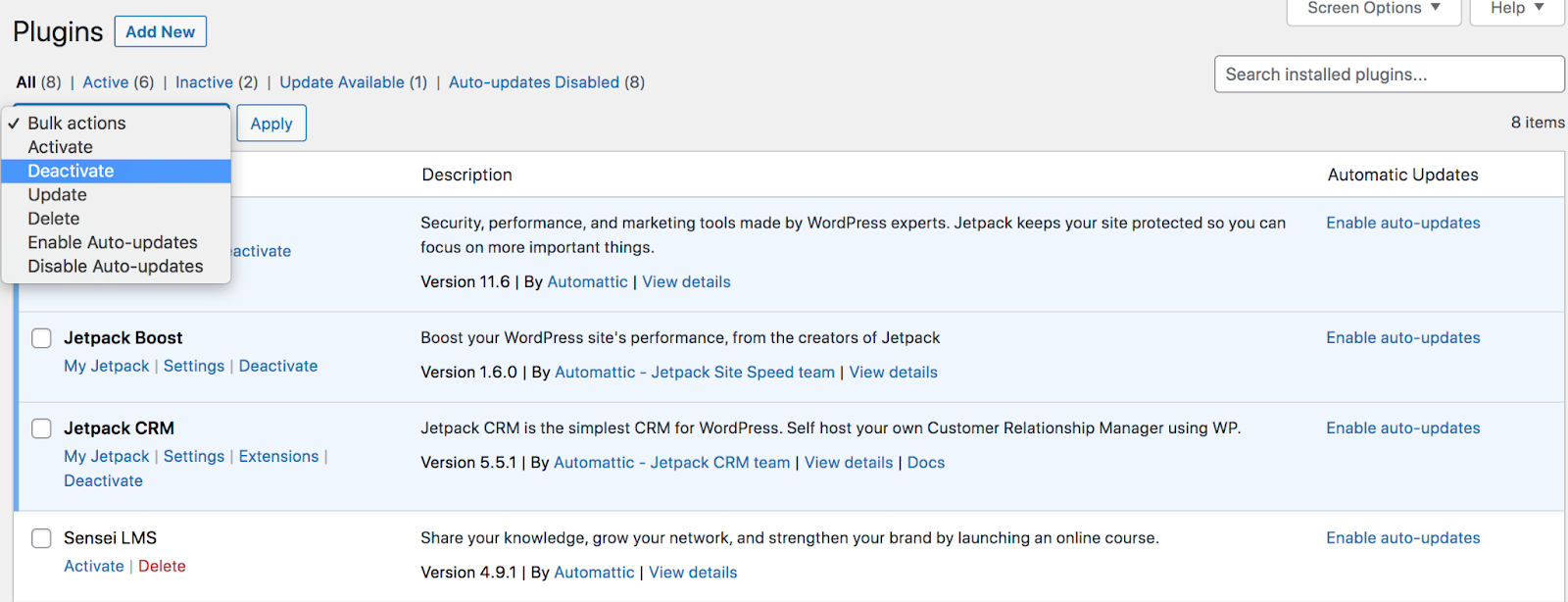 deactivating plugins in WordPress