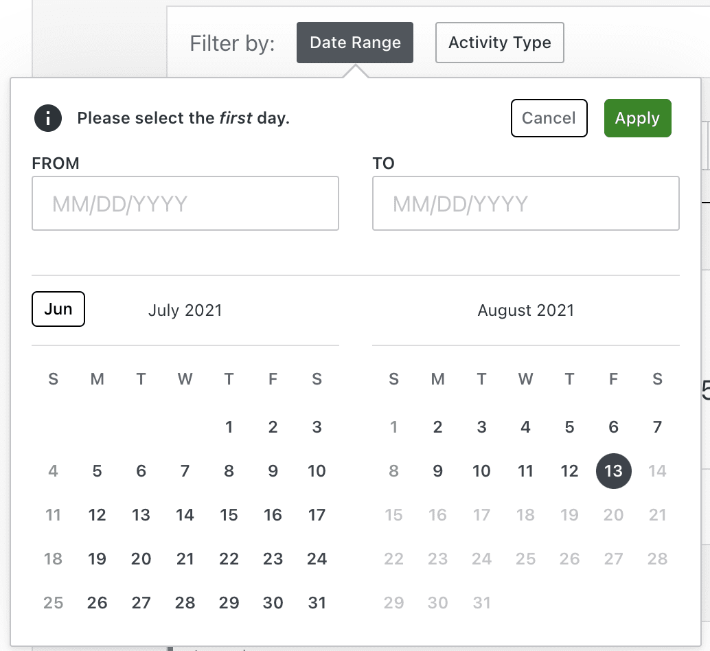 selecting a date range in the activity log