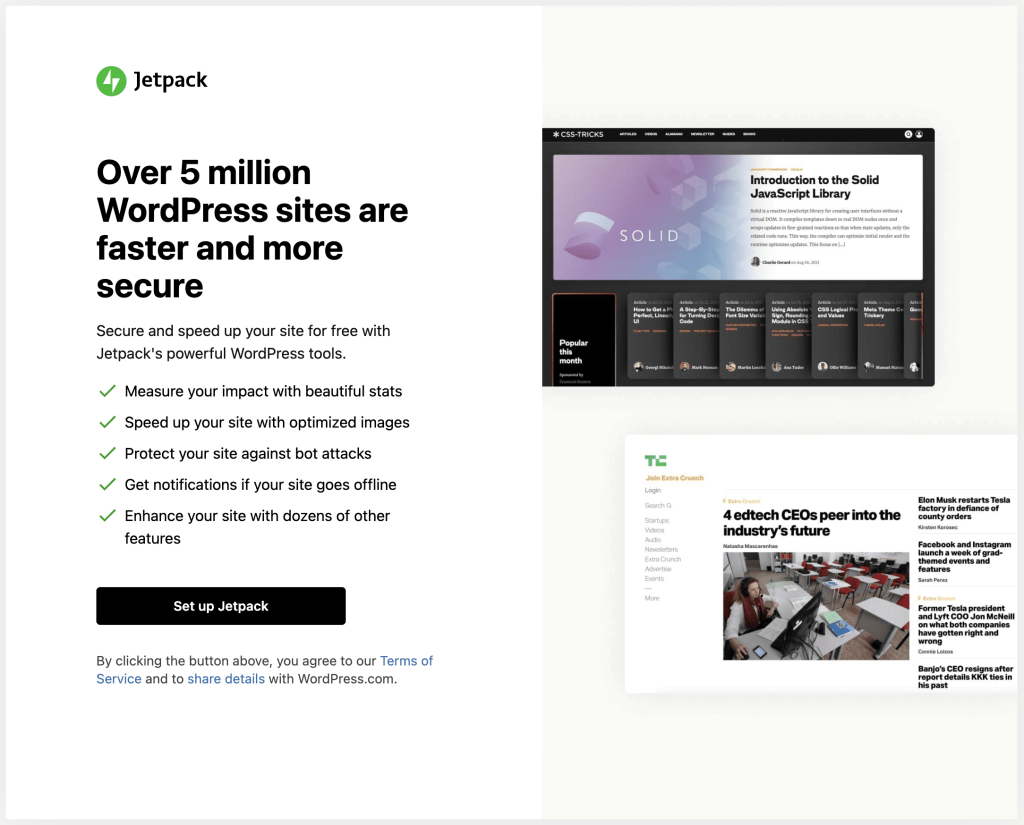 setup screen for Jetpack