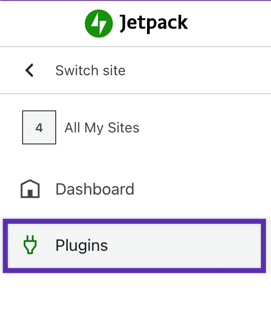 Screenshot of the cloud.jetpack.com sidebar. Menu options are "All my sites," "dashboard" and "Plugins". 
