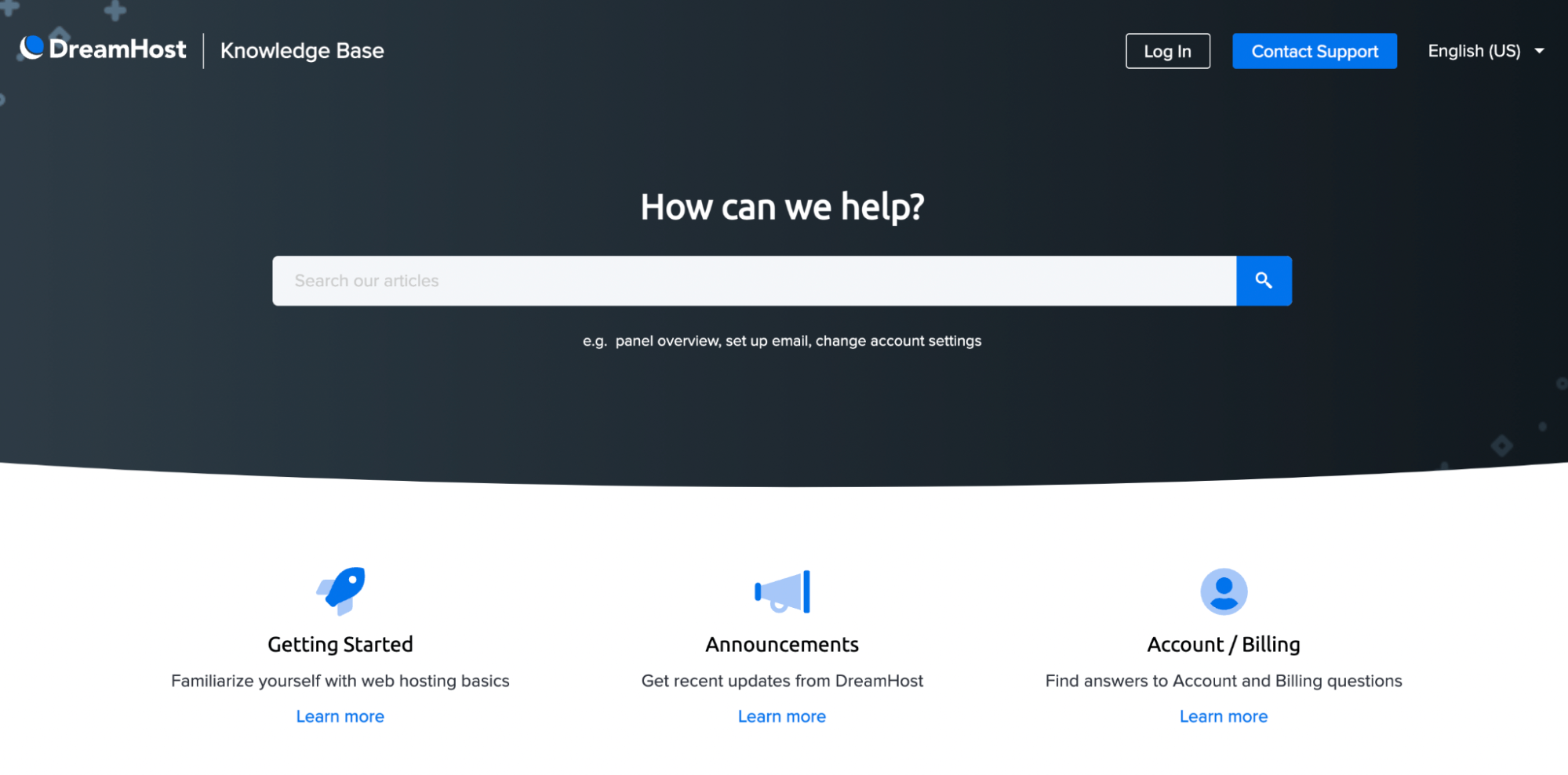 Dreamhost search bar in their knowledge base