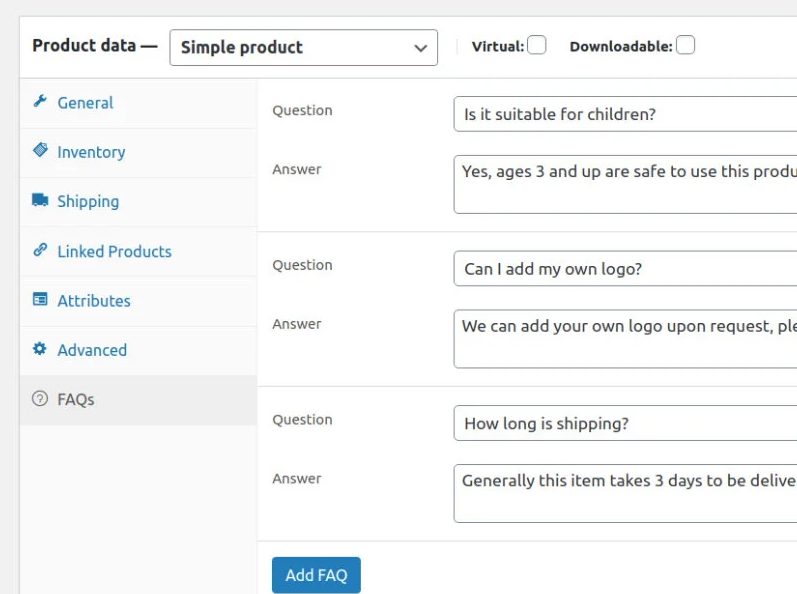 FAQ box for an individual product