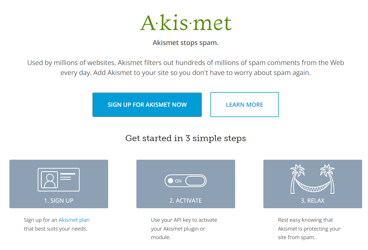Página de inicio de Akismet con opciones para registrarse en un plan