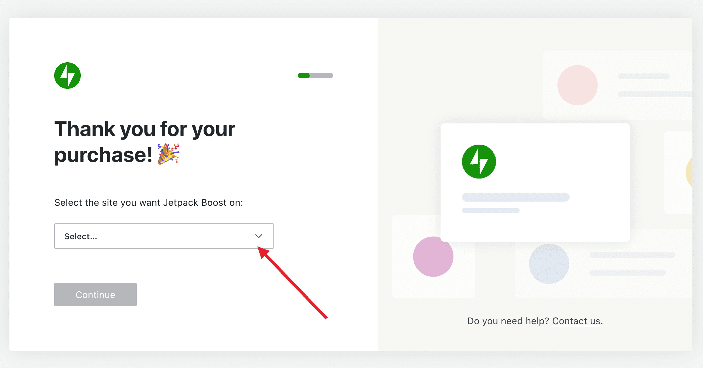 Screenshot of the "Thank you for your purchase" page. There is a dropdown menu where you can select a site.