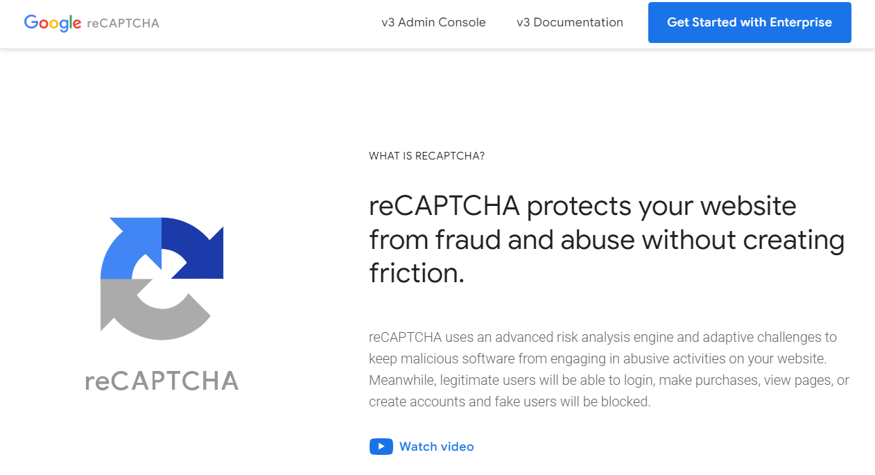 Página principal de Google reCAPTCHA