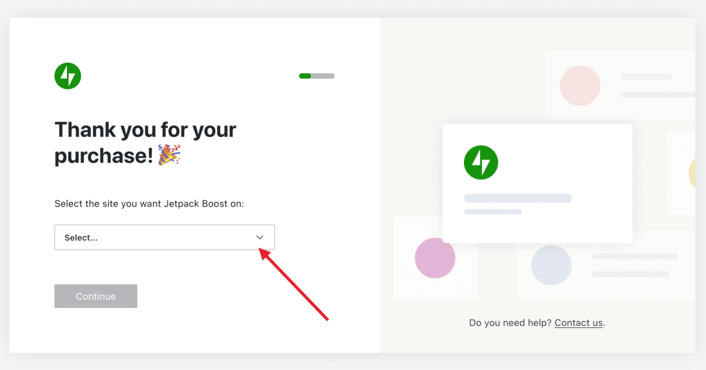 Screenshot of the "Thank you for your purchase" page. There is a dropdown menu where you can select a site. 