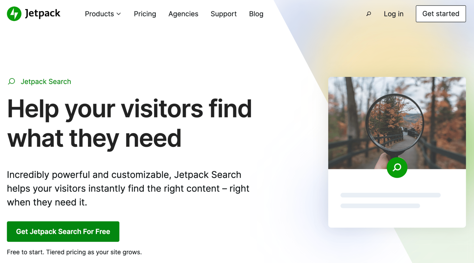 Jetpack Search homepage with the text, "Help your visitors find what they need."