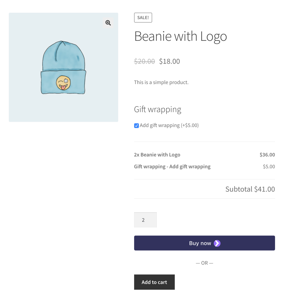 beanie product page with the option to add gift wrapping