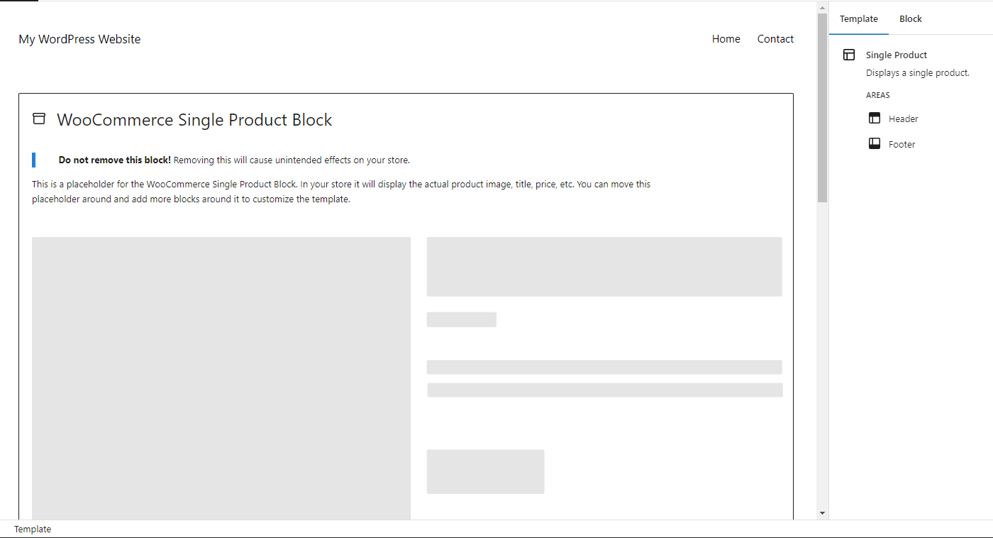 WooCommerce single product template shown with default blocks