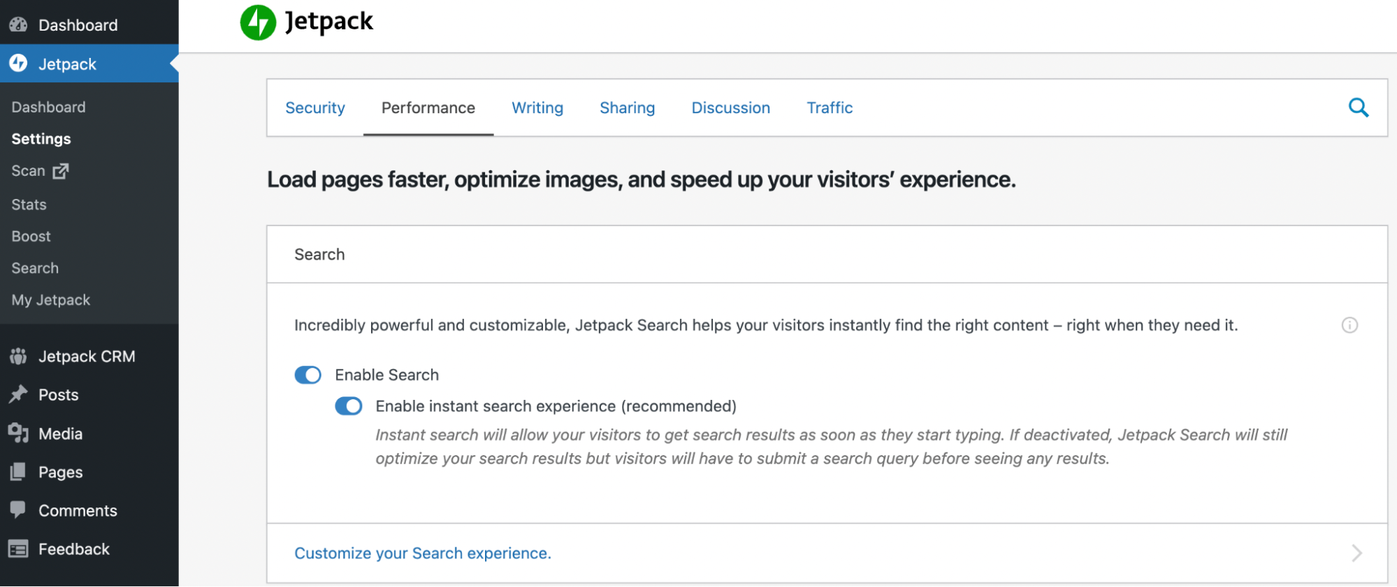 settings for Jetpack Search