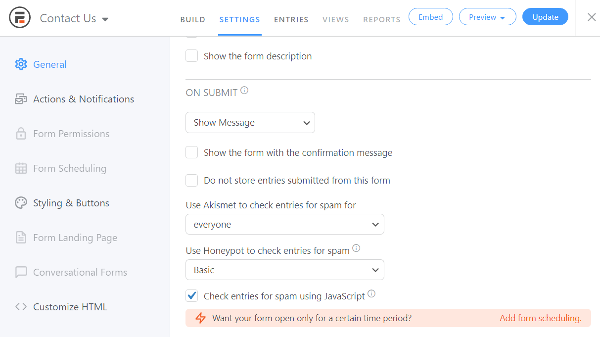 configuración de la integración de formularios de Akismet