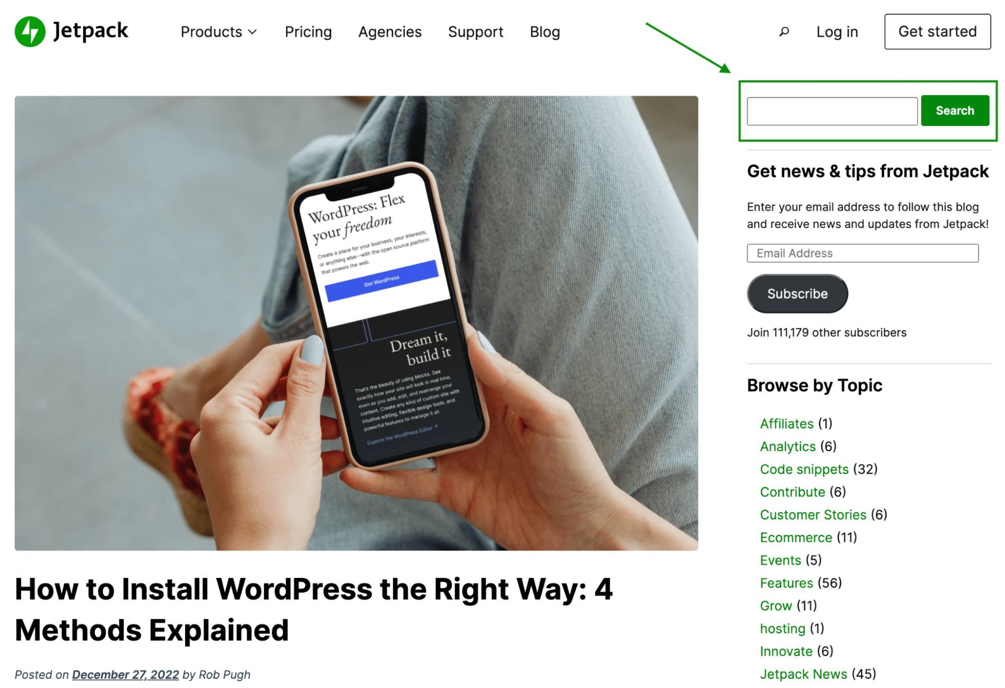example of search bar on Jetpack's website