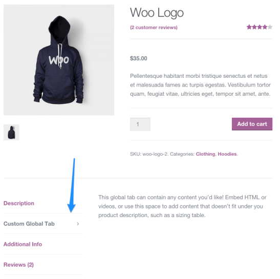 example of custom tabs in WooCommerce