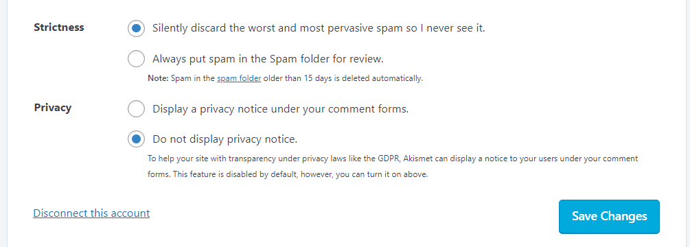 strictness settings in Akismet