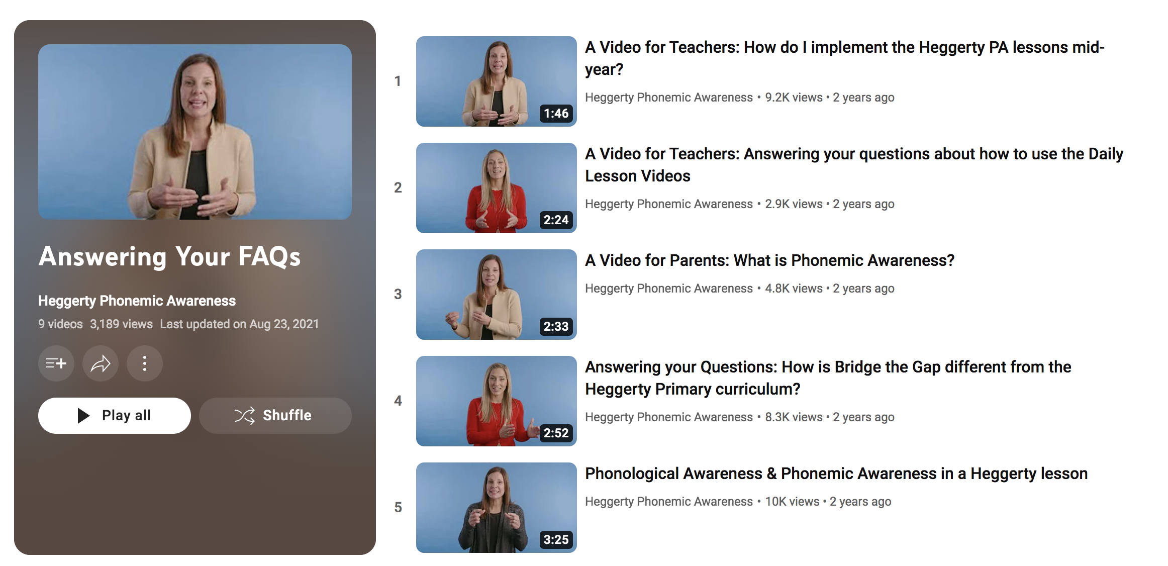 FAQ section on Heggerty's YouTube channal