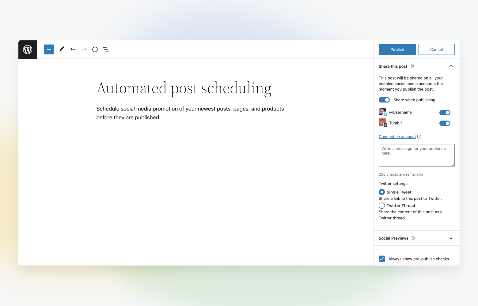 automated sharing settings for a post in WordPress