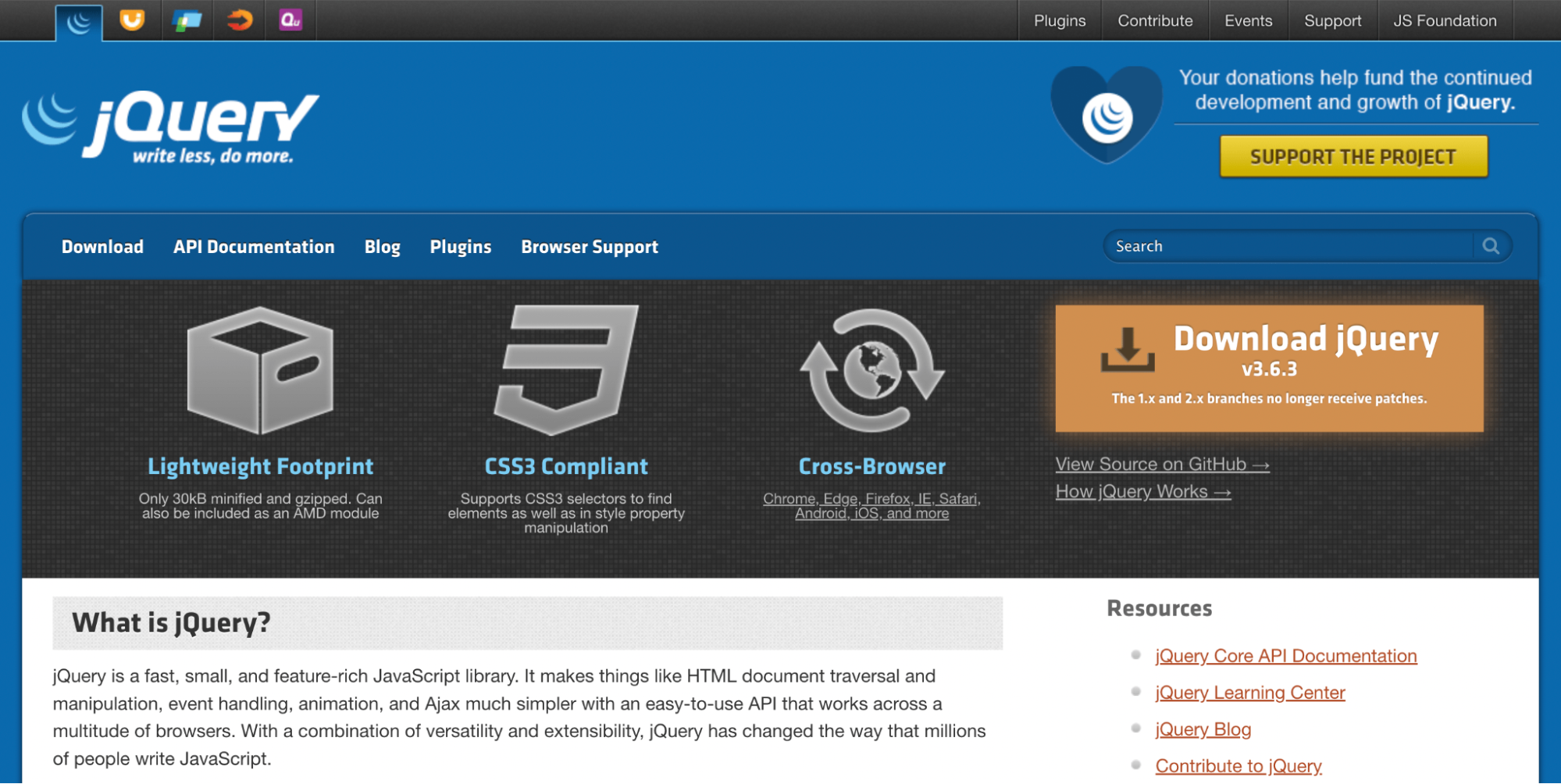 Page d’accueil du code jQuery contenant des informations sur le langage