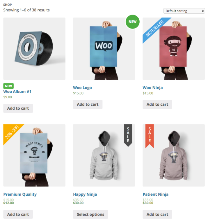 various colored labels on top of product listings