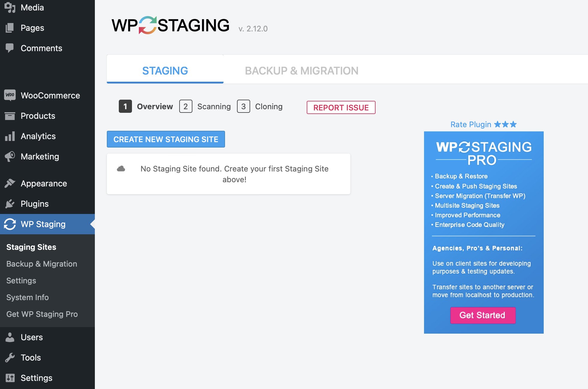 button to create a new staging site