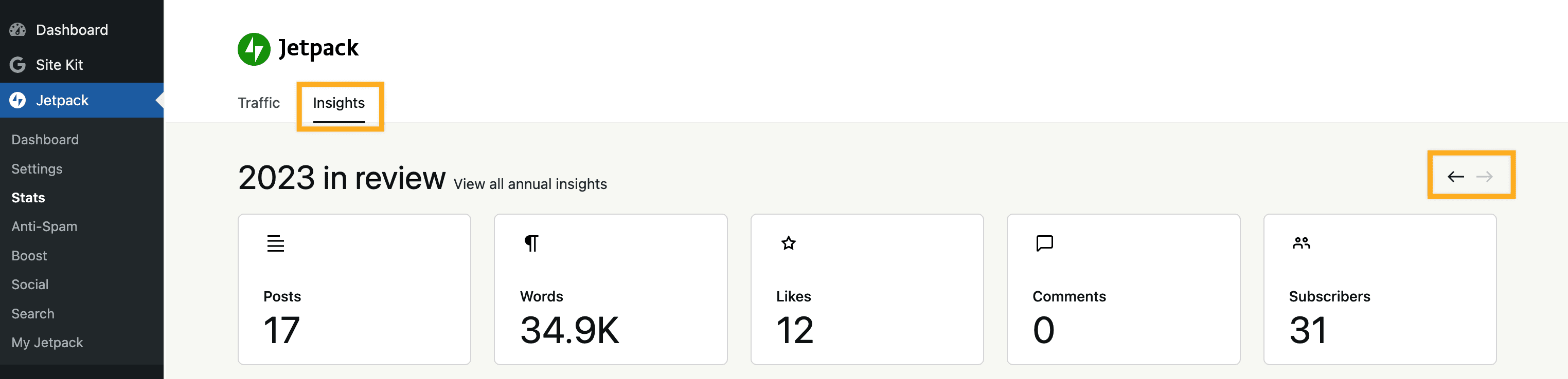 Jetpack stats showing Insights tab opened with the number of posts, words, likes, comments and subscribers under the 2023 in review tagline.