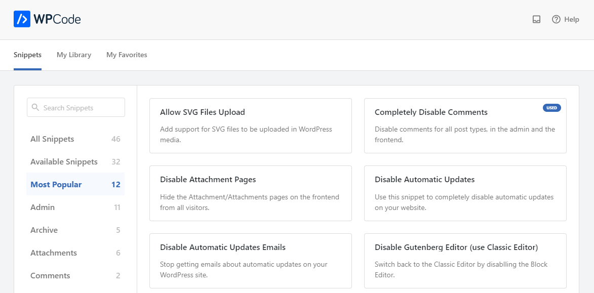 WPCode snippets library