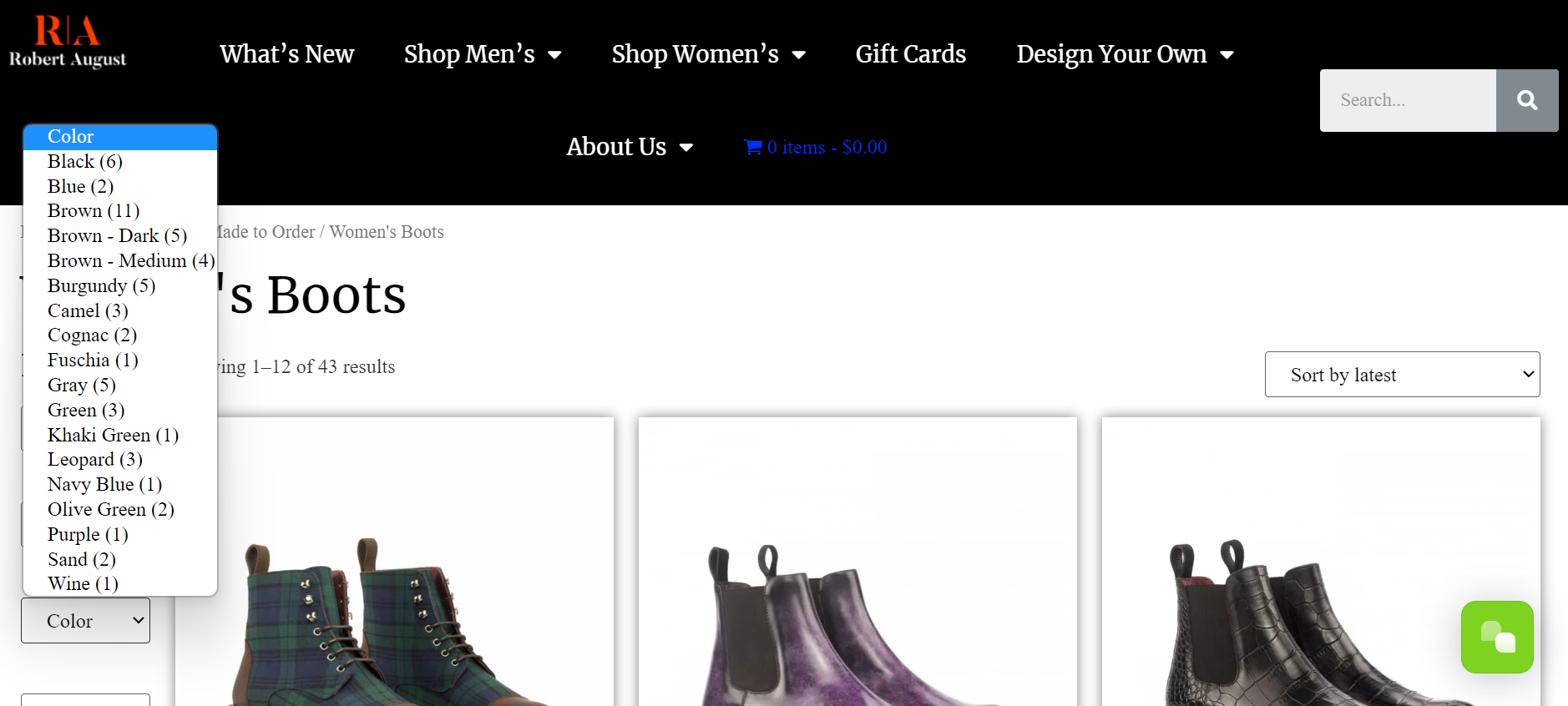 Site Web de Robert August affichant des filtres de produits déclenchés avec jQuery